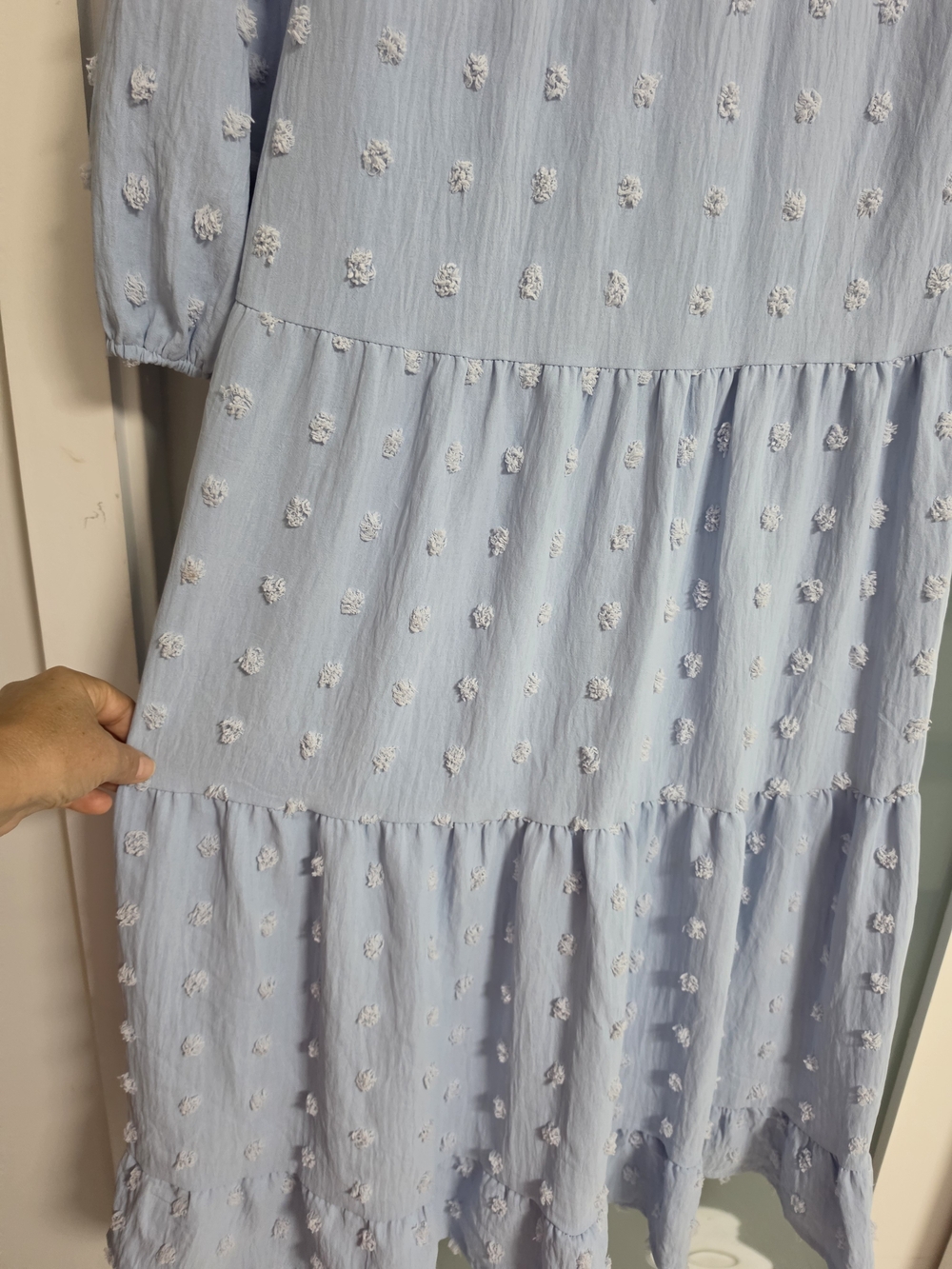 Light Blue Swiss Dot Tiered Long Sleeve Midi Dress - Picture 3 of 11